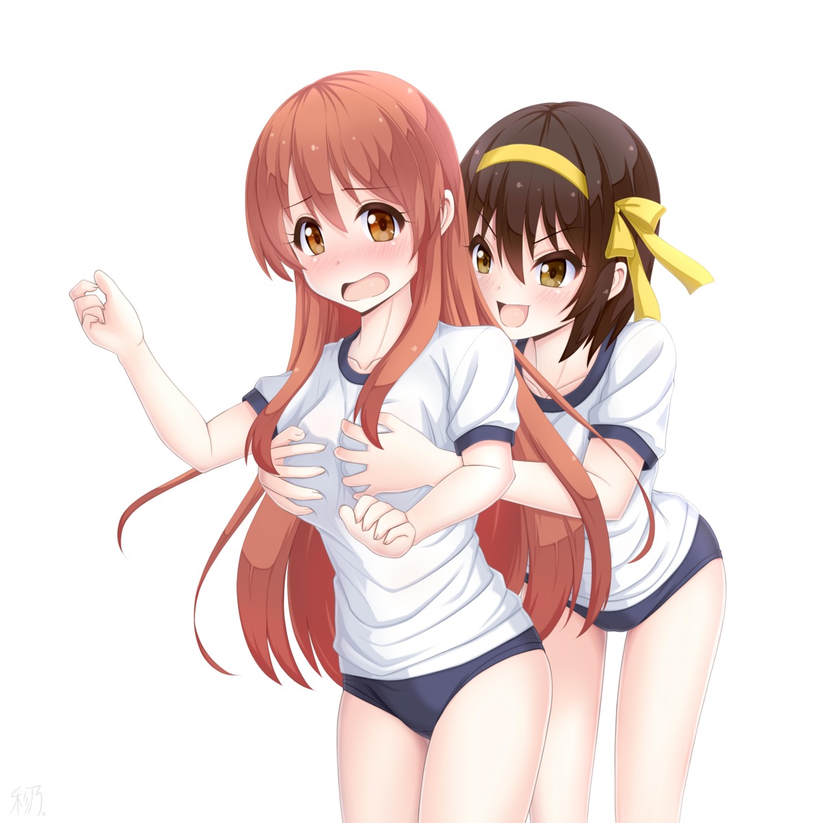 asahina_mikuru breast_grab buruma gym_uniform hikarisaino suzumiya_haruhi suzumiya_haruhi_no_yuuutsu yuri