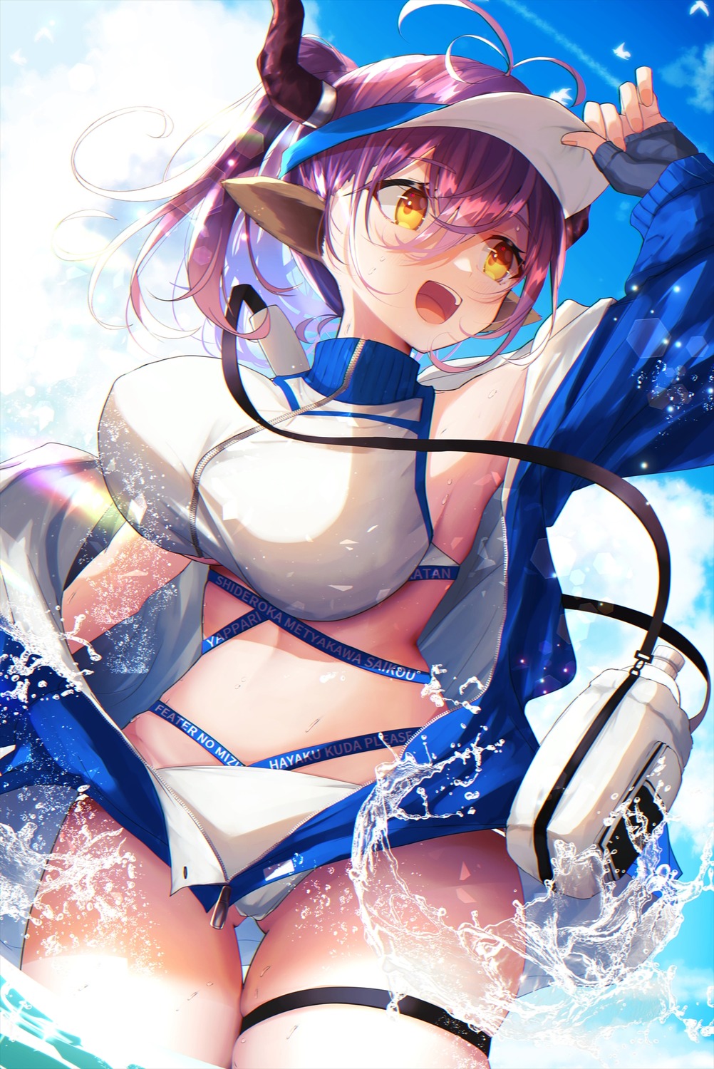 animal_ears arknights bikini garter horns nidaime open_shirt sideroca_(arknights) swimsuits wet