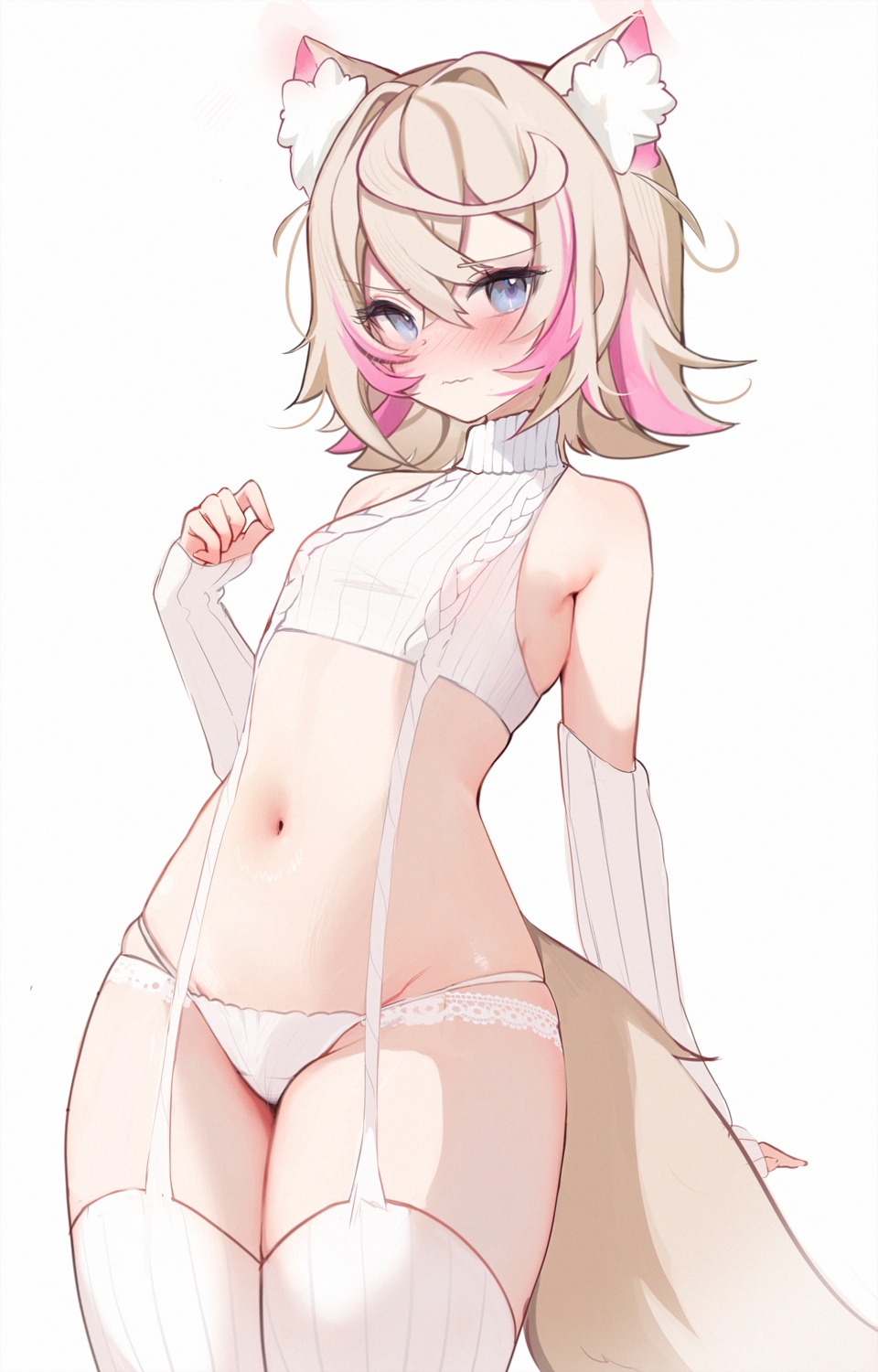 animal_ears hololive hololive_english inumimi koahri mococo_abyssgard pantsu stockings sweater tail thighhighs