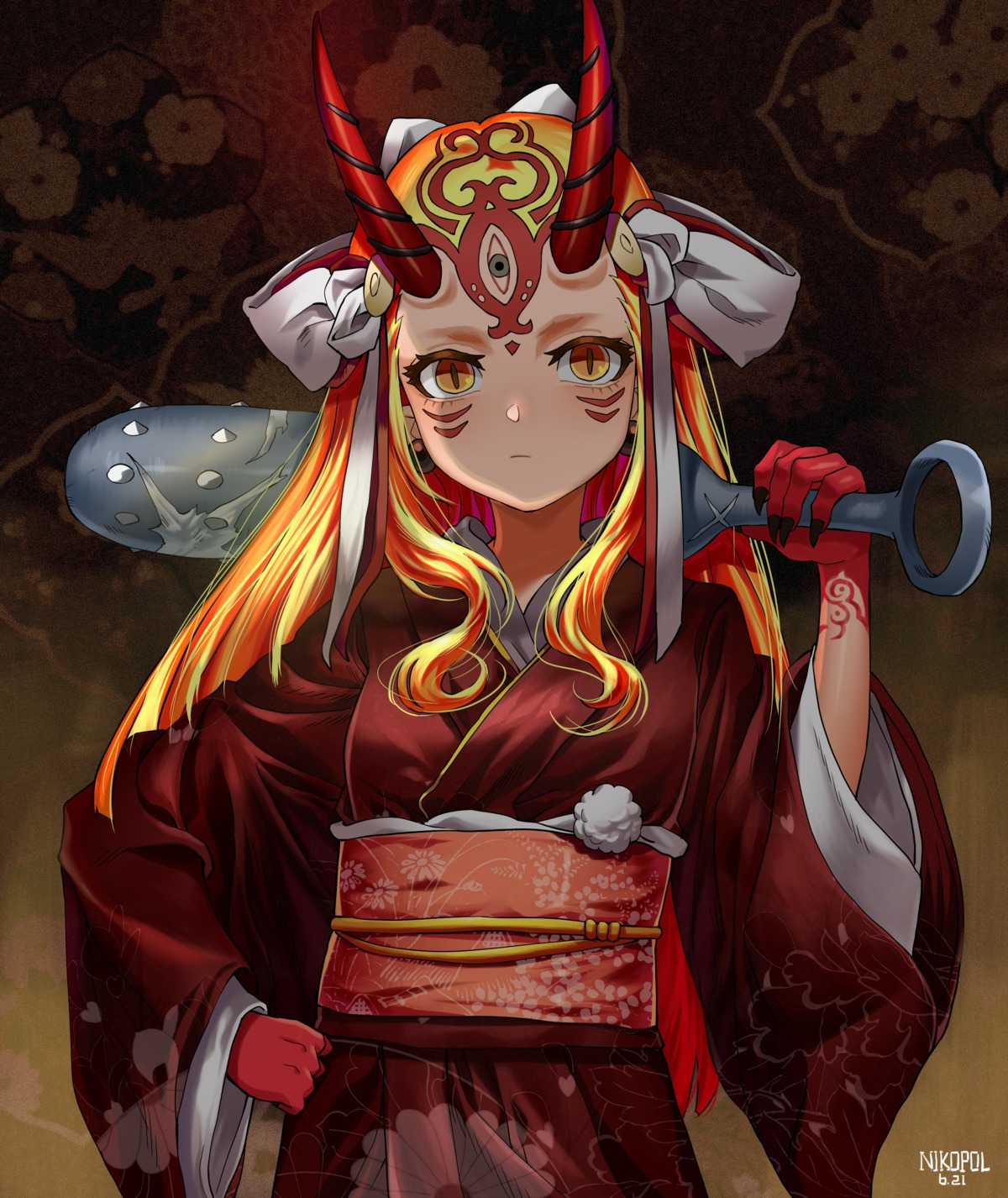 fate/grand_order horns ibaraki_douji_(fate/grand_order) kimono makise_minami tattoo weapon