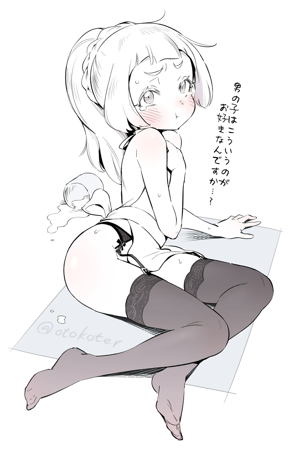 garter_belt lillie_(pokemon) loli monochrome naked_apron pokemon pokemon_sm pokemon_usum stockings thighhighs toku_(ke7416613)