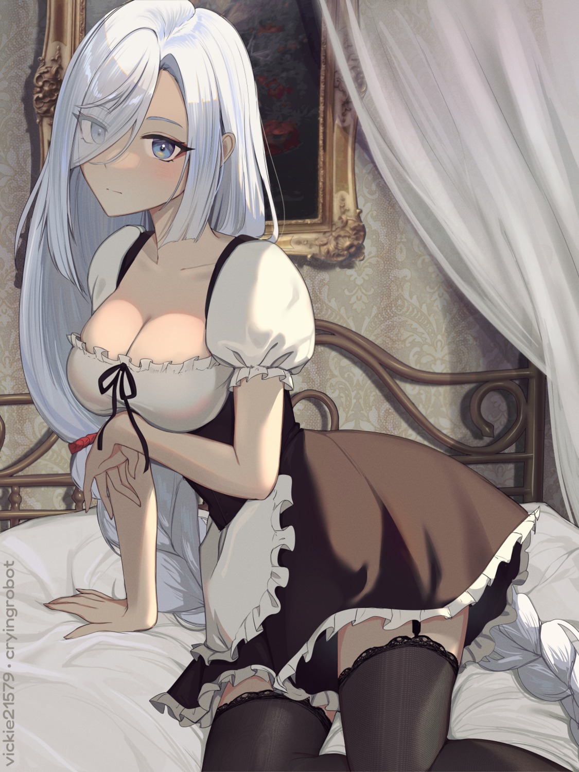 cleavage genshin_impact maid shenhe stockings thighhighs vickie_(cryingrobot)