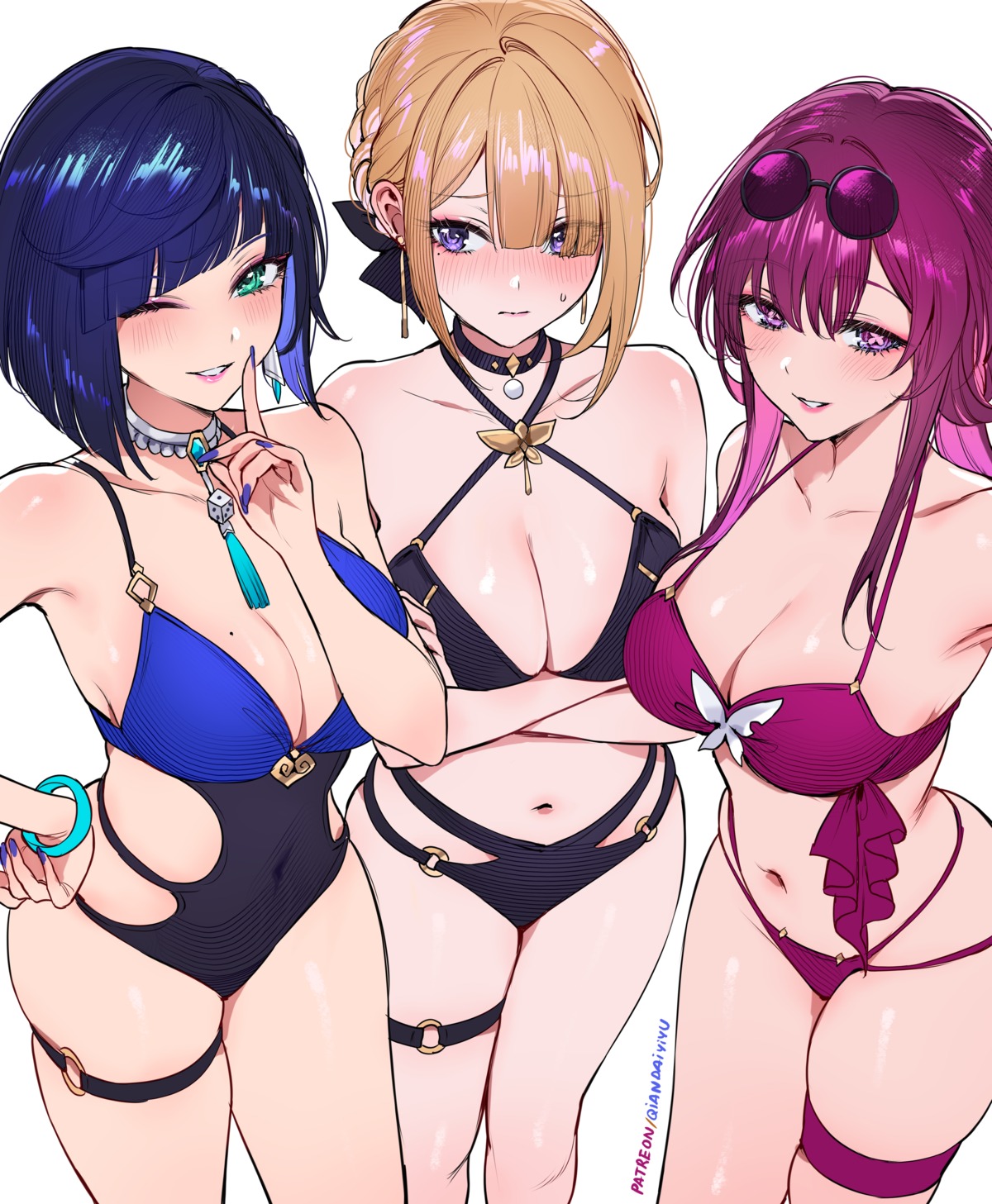 bikini breast_hold crossover evelyn_chevalier garter genshin_impact honkai:_star_rail kafka_(honkai:_star_rail) megane qiandaiyiyu swimsuits thong yelan zenless_zone_zero
