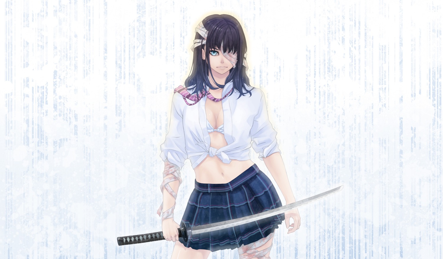 bra eyepatch hamada_youho open_shirt seifuku sword