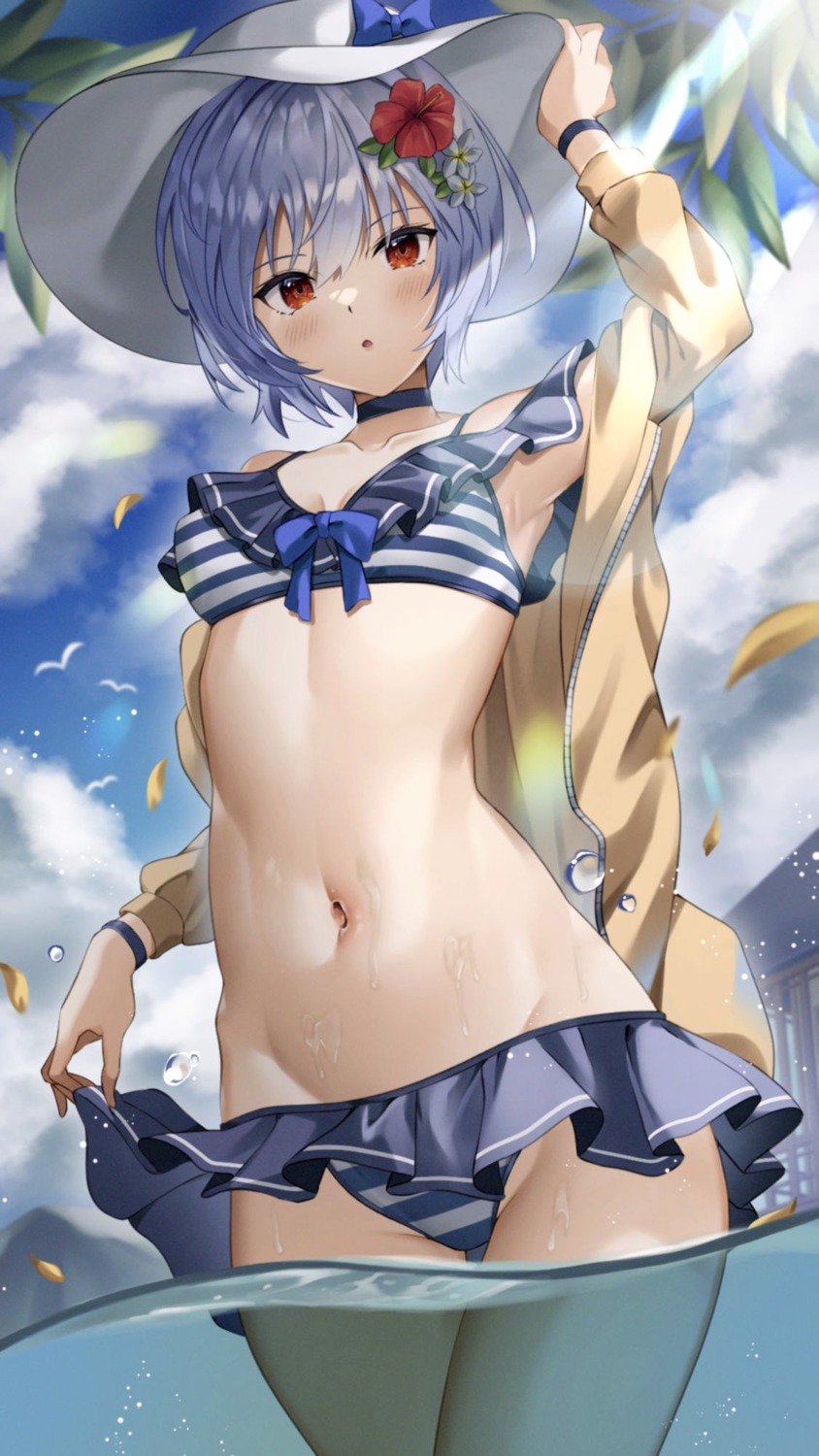 @shun ayanami_rei bikini neon_genesis_evangelion open_shirt skirt_lift swimsuits wet