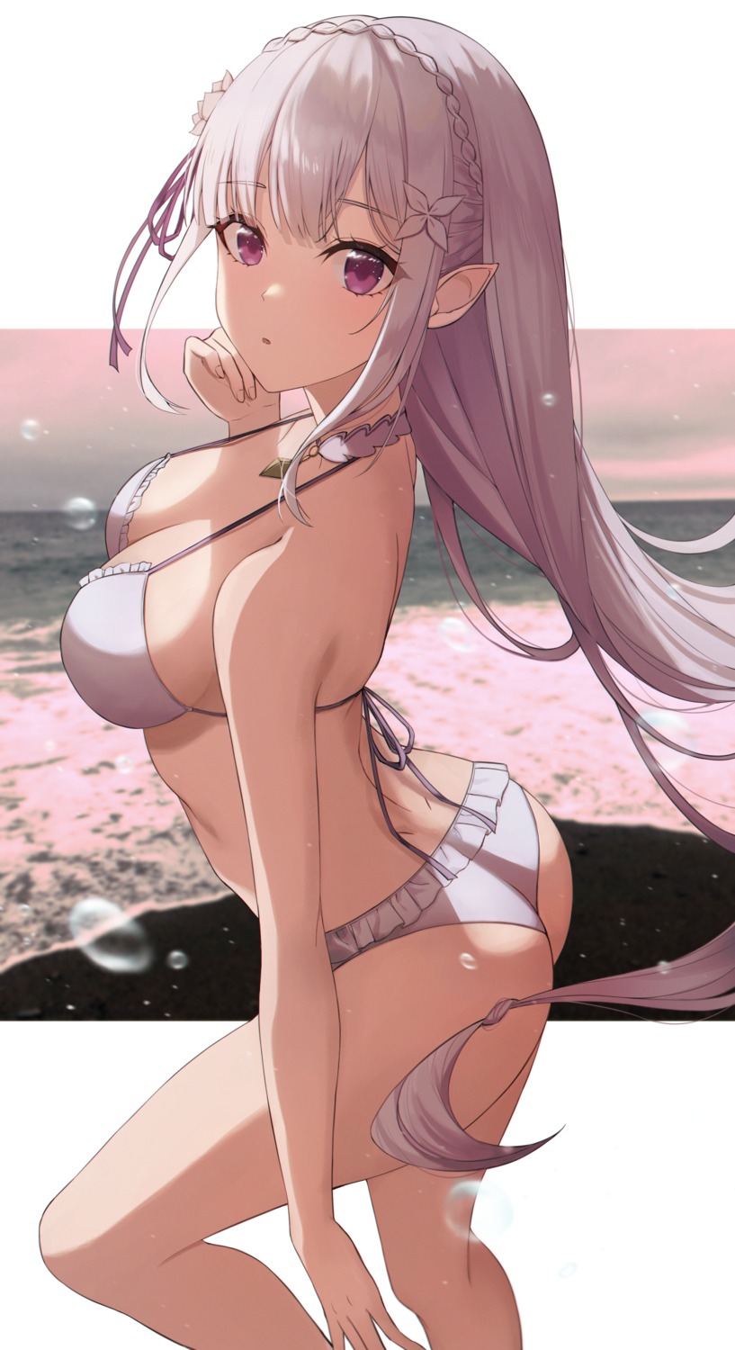 ass bikini elf emilia_(re_zero) pointy_ears re_zero_kara_hajimeru_isekai_seikatsu swimsuits yeorem