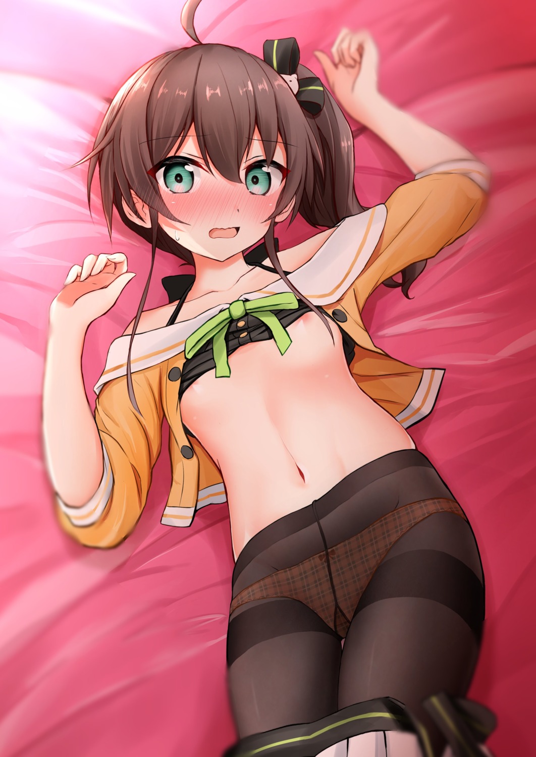 areola ex_idol hololive natsuiro_matsuri no_bra open_shirt pantsu pantyhose shirt_lift