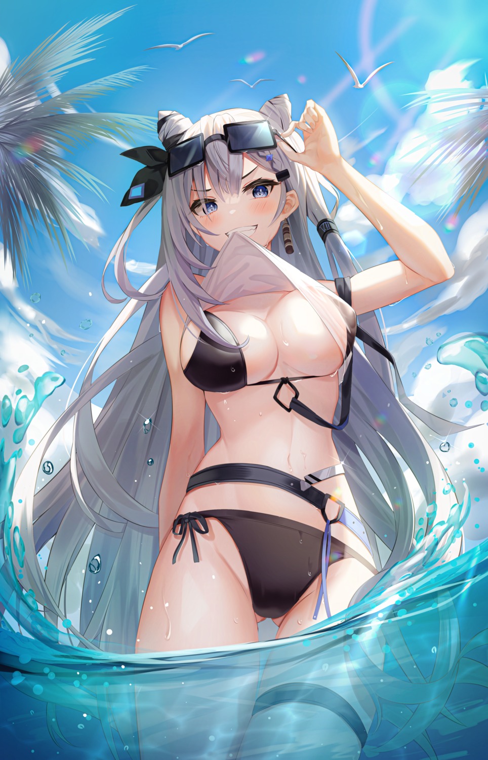 bikini garter hololive hololive_indonesia megane see_through shirt_lift shuvi_(shuvi1125) swimsuits undressing vestia_zeta wet wet_clothes