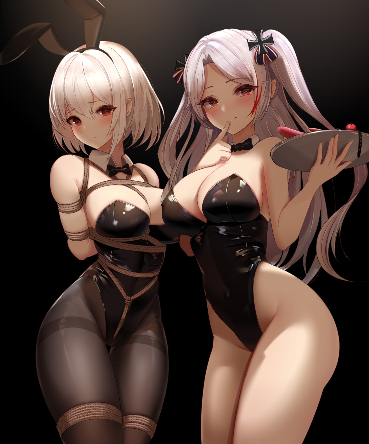 animal_ears azur_lane bondage bunny_ears bunny_girl no_bra pantyhose prinz_eugen_(azur_lane) sirius_(azur_lane) yuuraku_yuraku