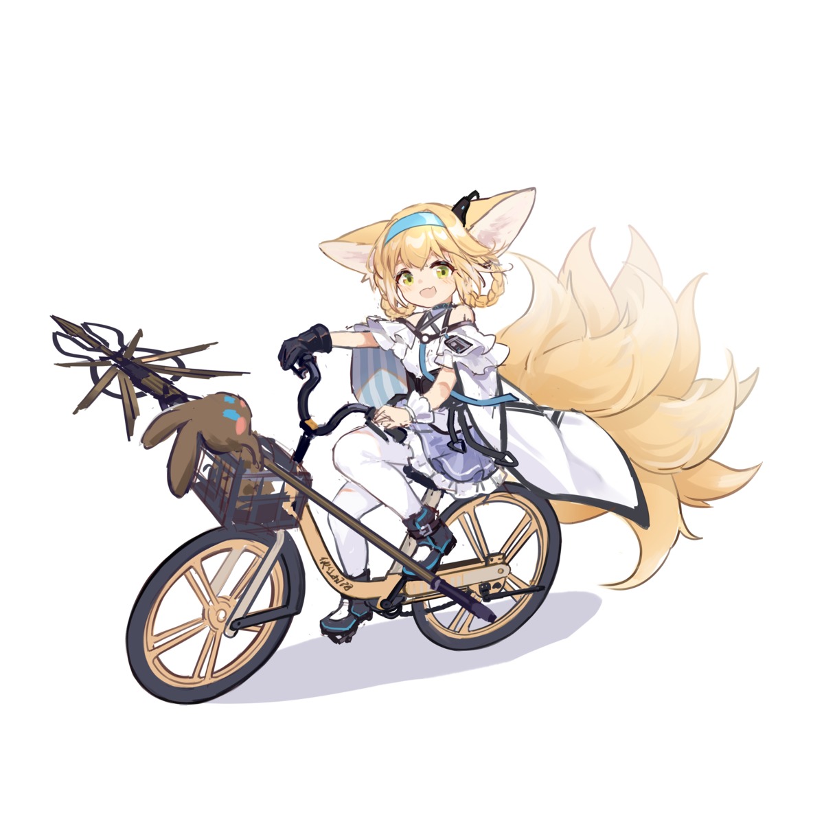 animal_ears arknights dress kitsune pantyhose shio_(7203802) suzuran_(arknights) tail weapon