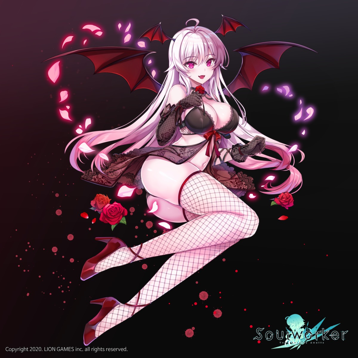 bra fishnets heels lingerie maett pantsu see_through soul_worker thighhighs thong wings