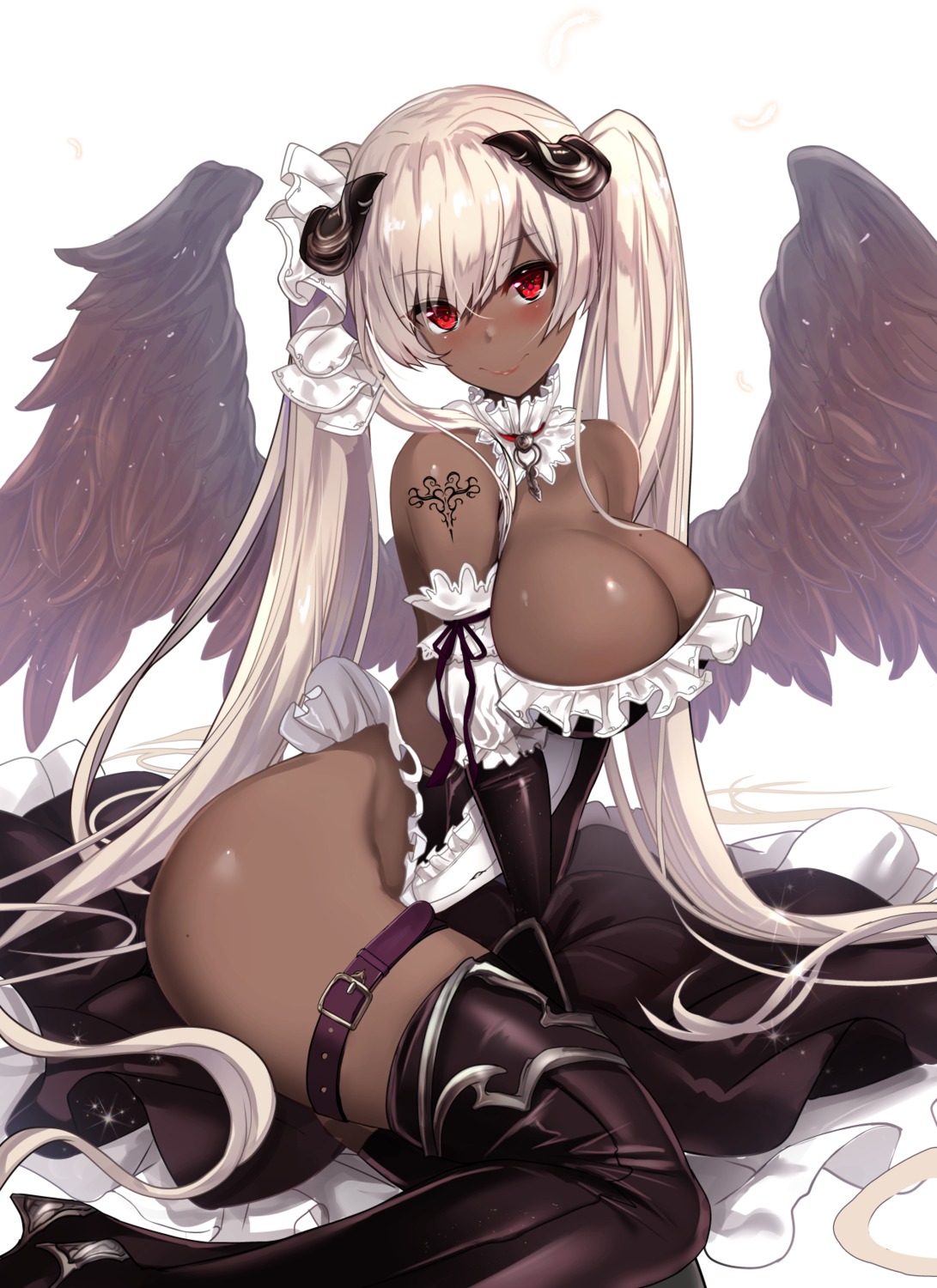 garter heels horns no_bra nopan skirt_lift tattoo thighhighs untsue wings