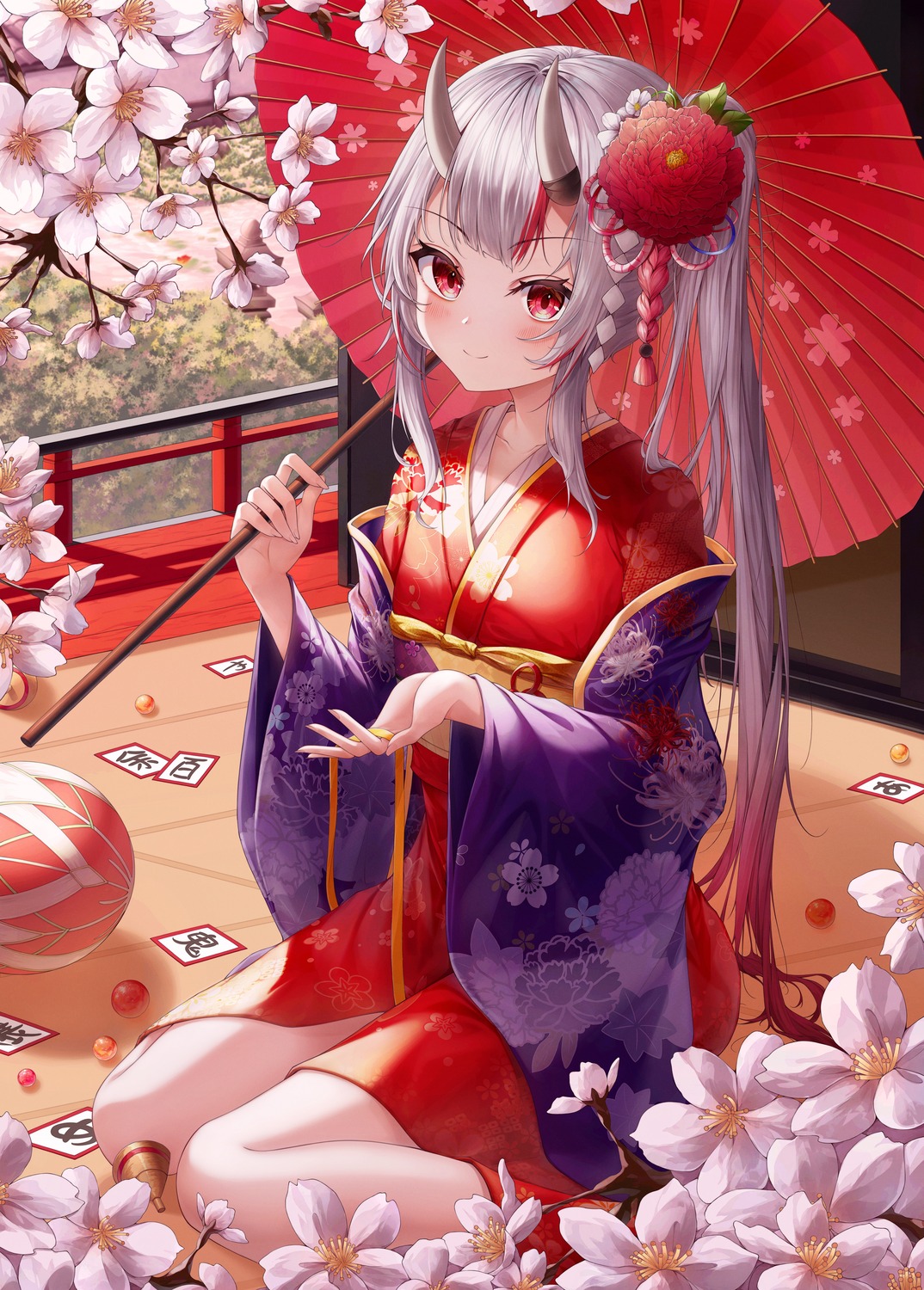 hololive horns ichizon kimono nakiri_ayame umbrella