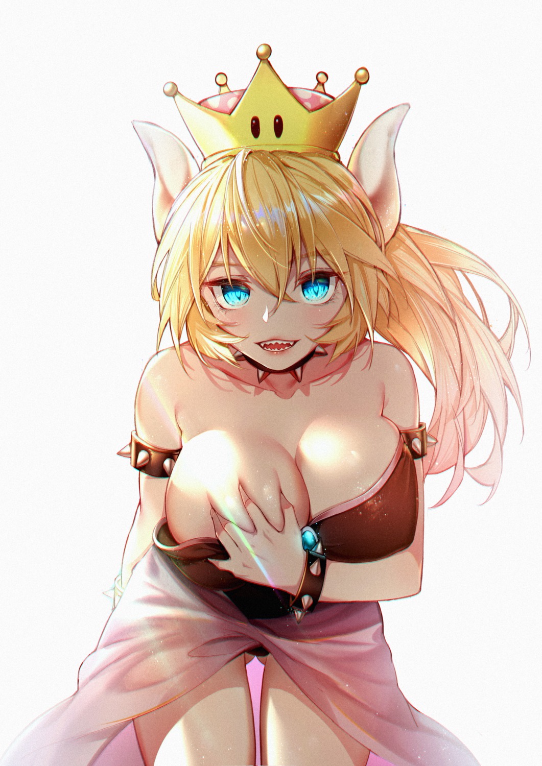 bowsette breast_hold dress horns koi_han new_super_mario_bros._u_deluxe no_bra pantsu see_through