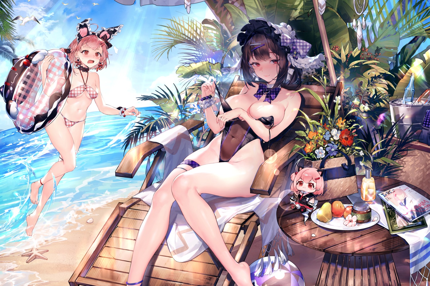 animal_ears bikini bunny_ears bunny_girl chibi garter no_bra see_through swimsuits undressing wet xiangchi_zhubijin