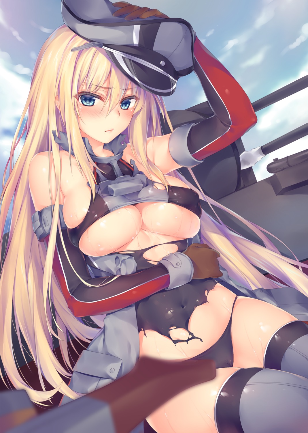 bismarck_(kancolle) cameltoe kantai_collection moe_hime no_bra obiwan pantsu thighhighs torn_clothes underboob xin