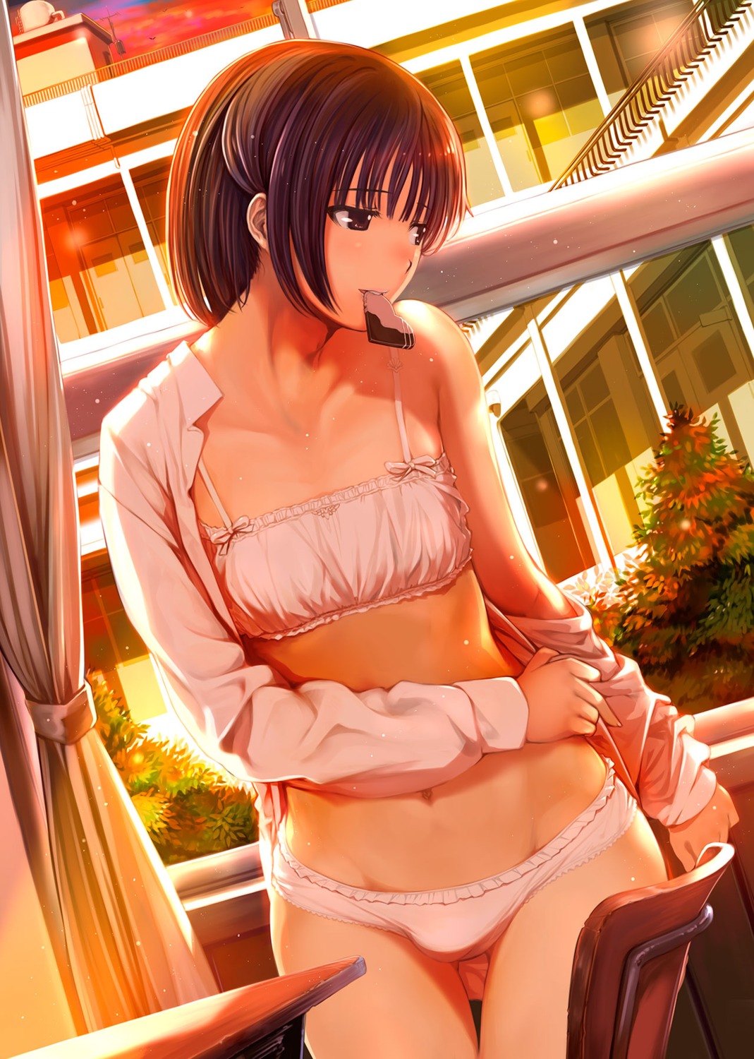 bra dress_shirt mikazuki_akira open_shirt pantsu trap undressing