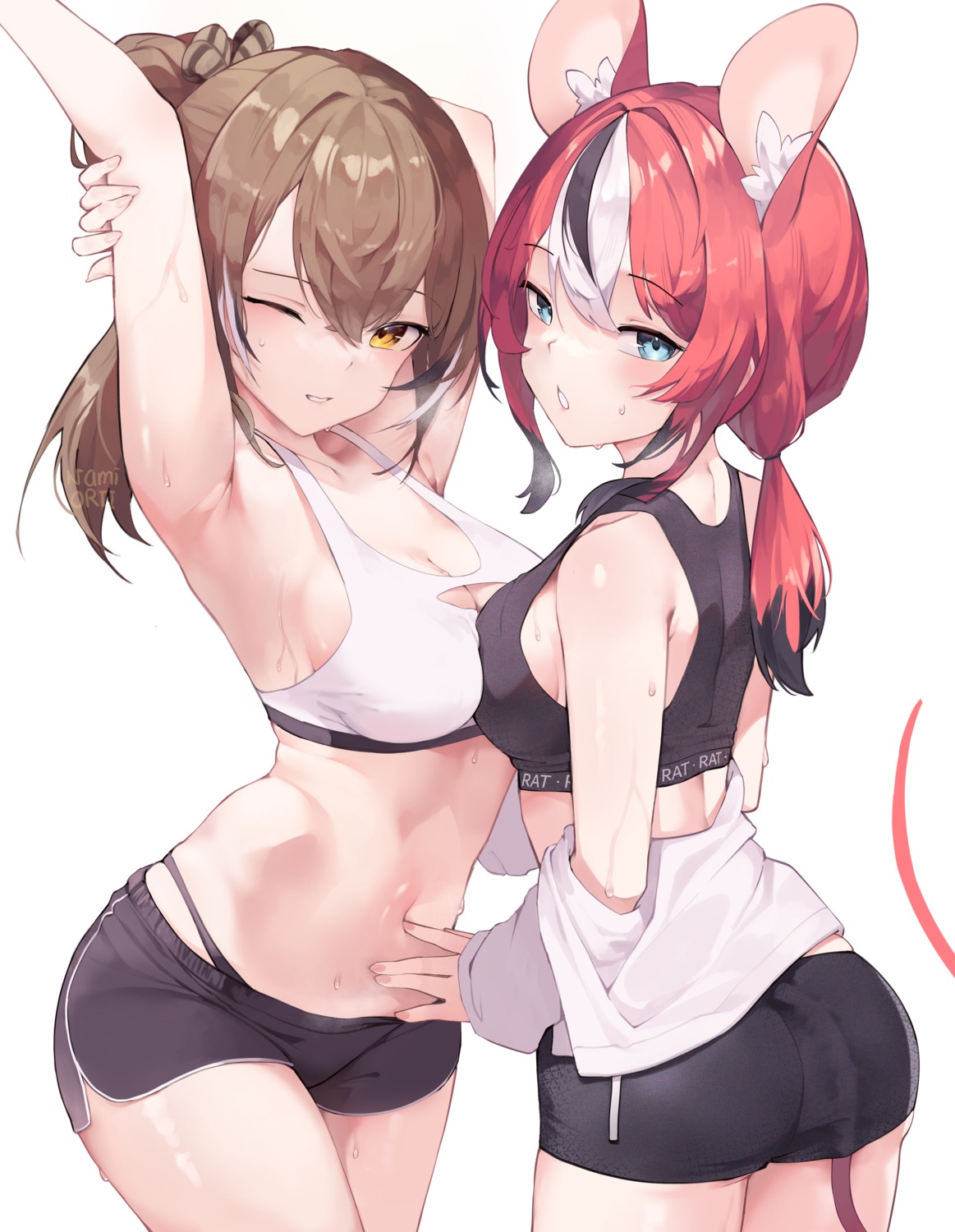 animal_ears ass bra hakos_baelz hololive hololive_english namiorii nanashi_mumei open_shirt symmetrical_docking tail wet