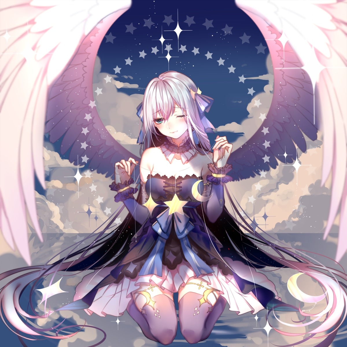 akira_(ying) cleavage dress thighhighs wings