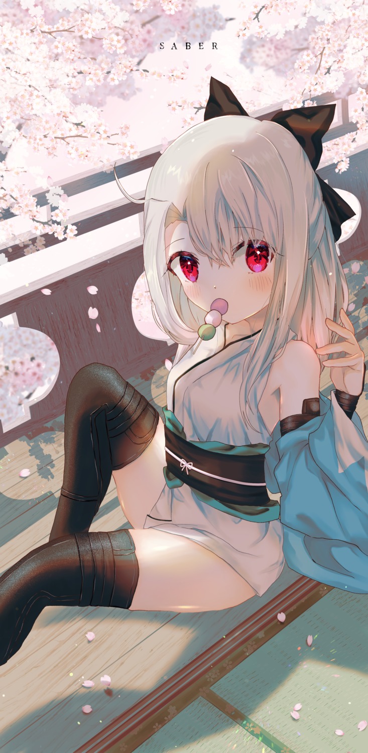 cosplay fate/grand_order fate/kaleid_liner_prisma_illya fate/stay_night illyasviel_von_einzbern isuzu_(an_icy_cat) japanese_clothes okita_souji_(fate) skirt_lift thighhighs