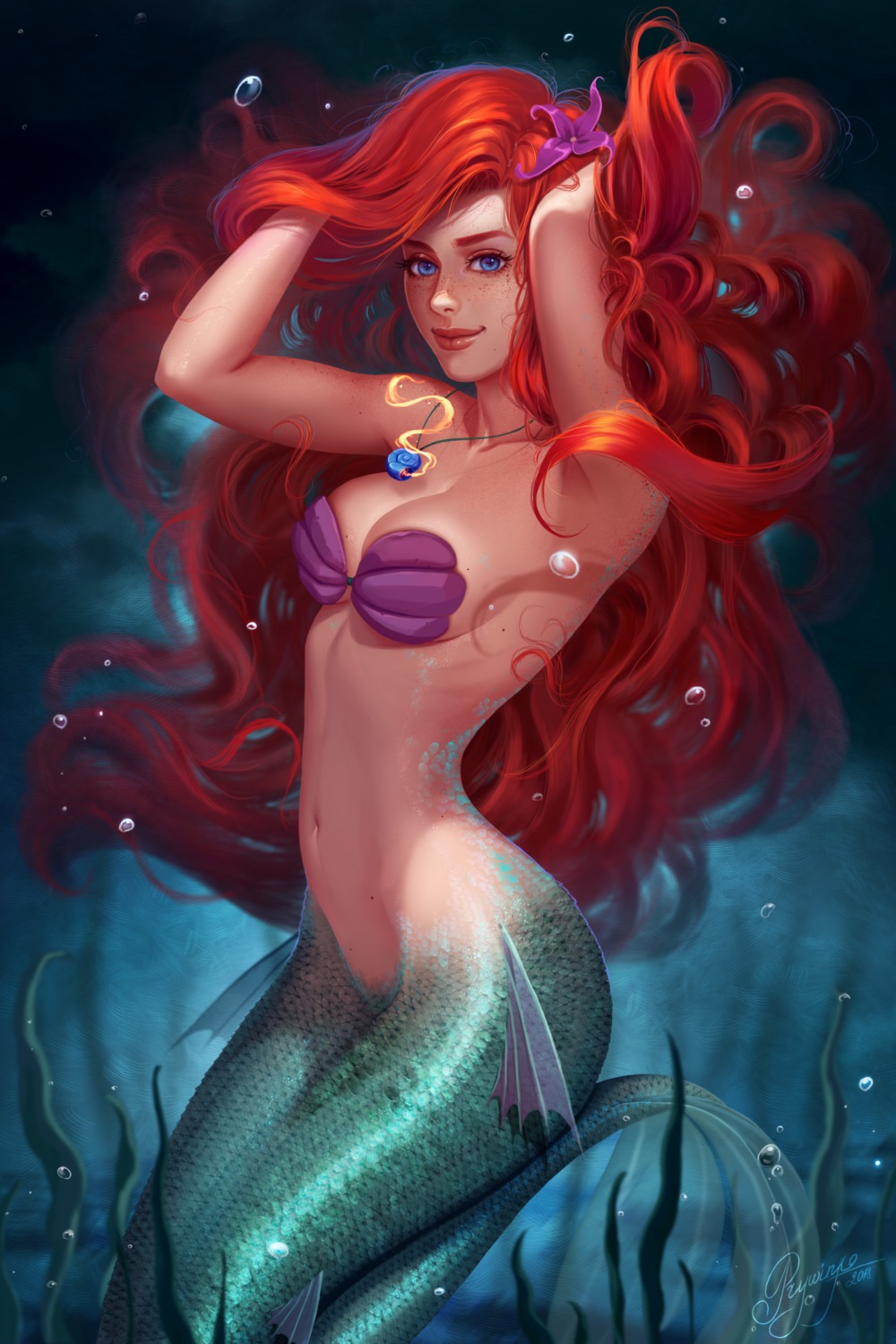 cleavage mermaid monster_girl no_bra princess_ariel prywinko tail the_little_mermaid