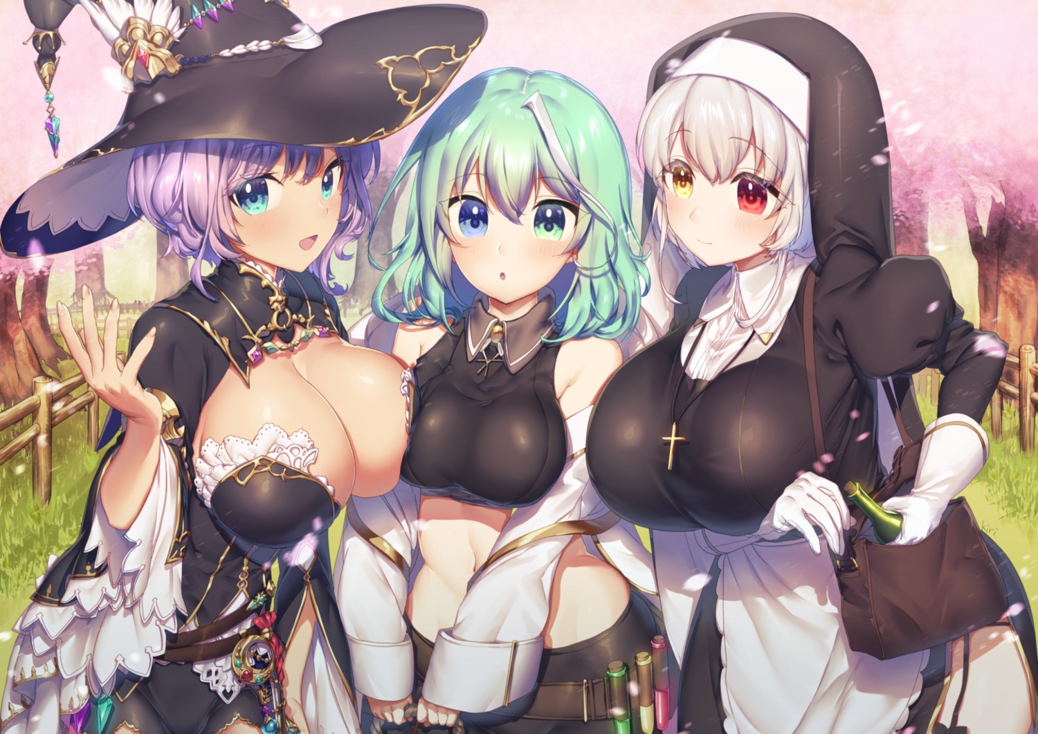 breast_hold cleavage heterochromia kirisaki_shuusei no_bra nun witch