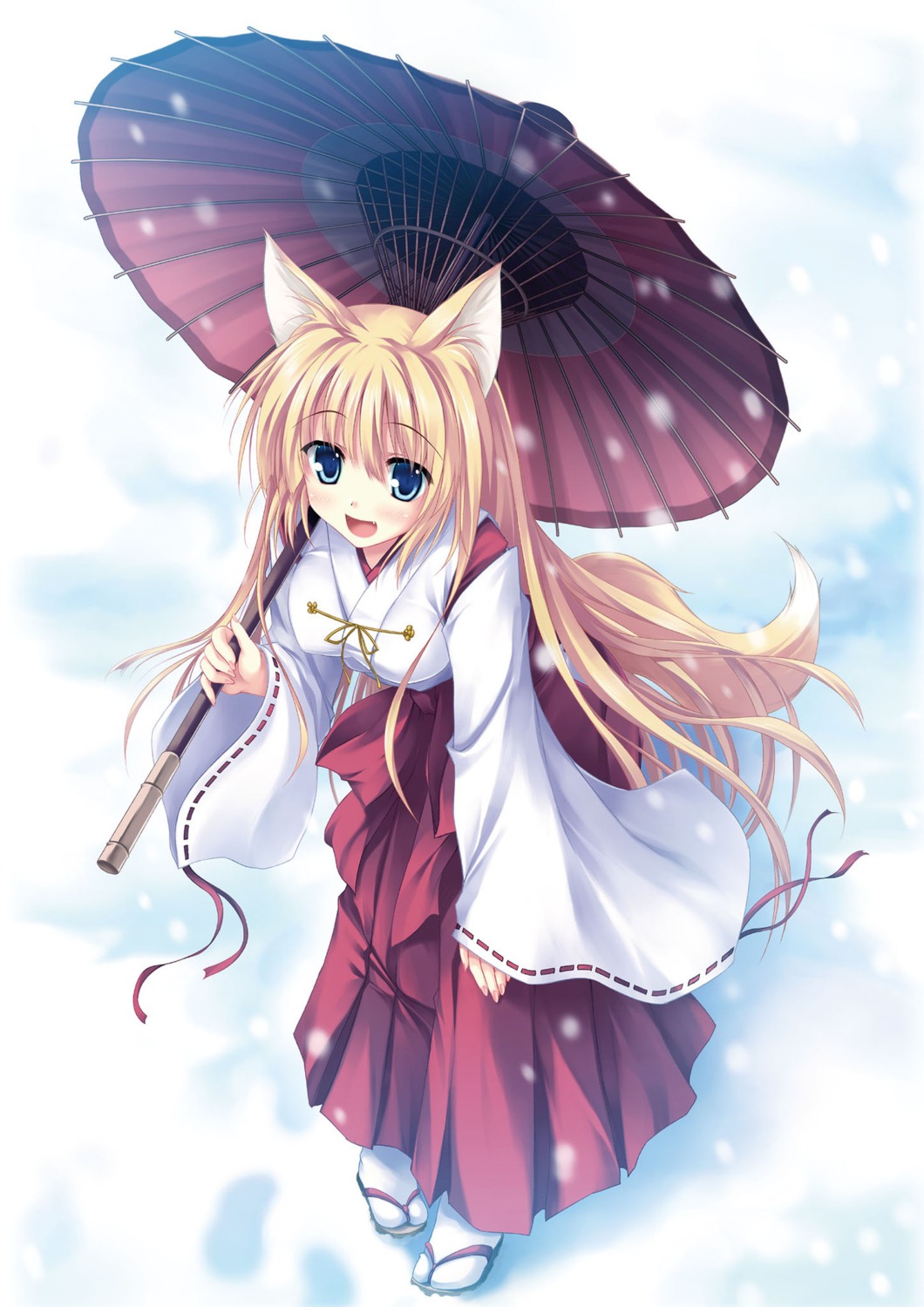 animal_ears kitsune miko tail tateha umbrella