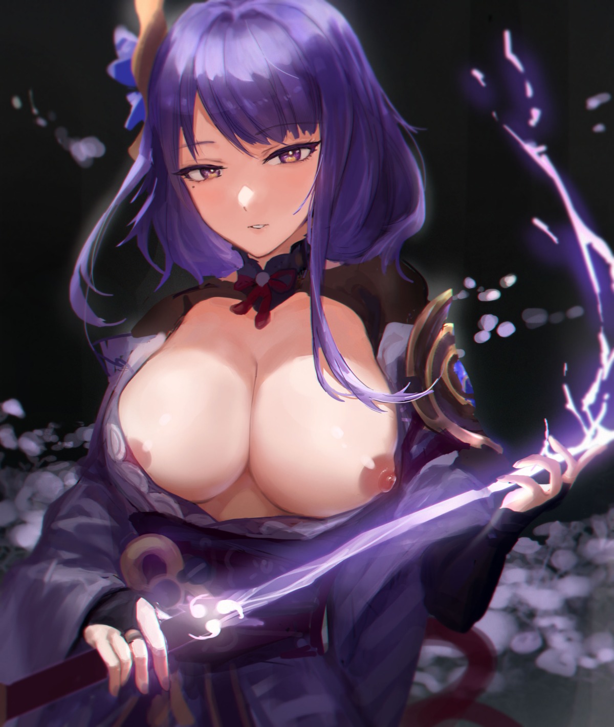 armor breasts genshin_impact japanese_clothes maqin nipples no_bra open_shirt raiden_shogun sword