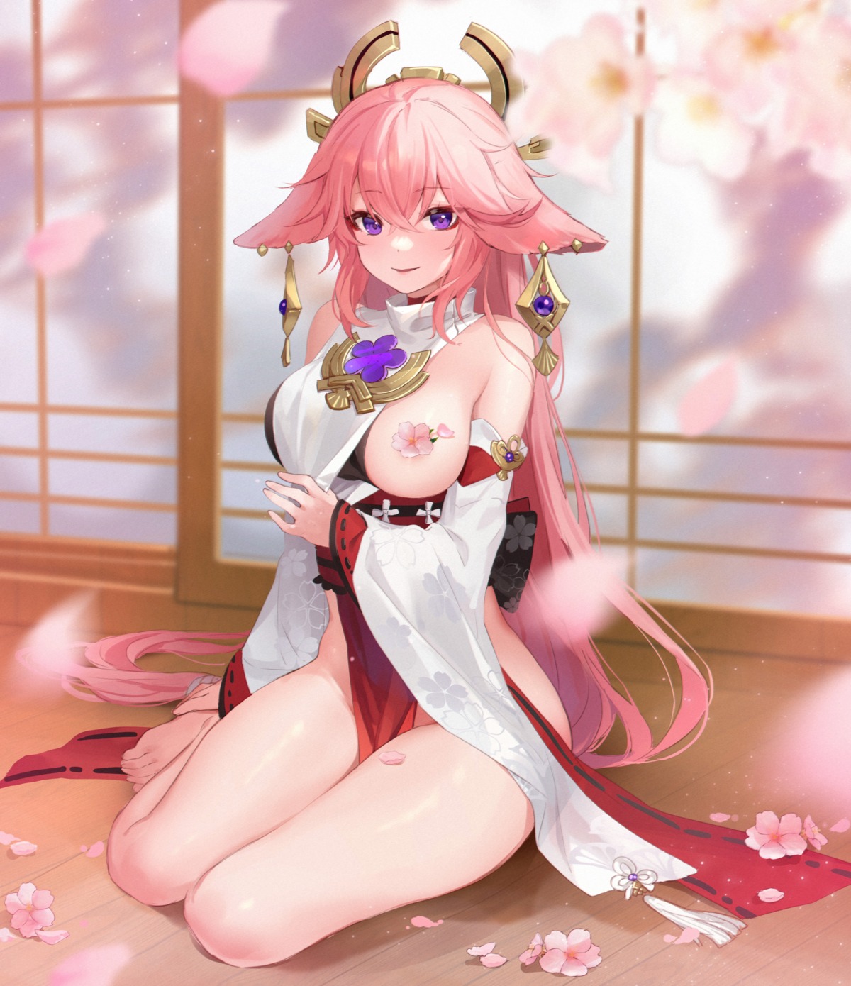 animal_ears breasts genshin_impact japanese_clothes kitsune no_bra nopan pasties undressing yae_miko ziyue