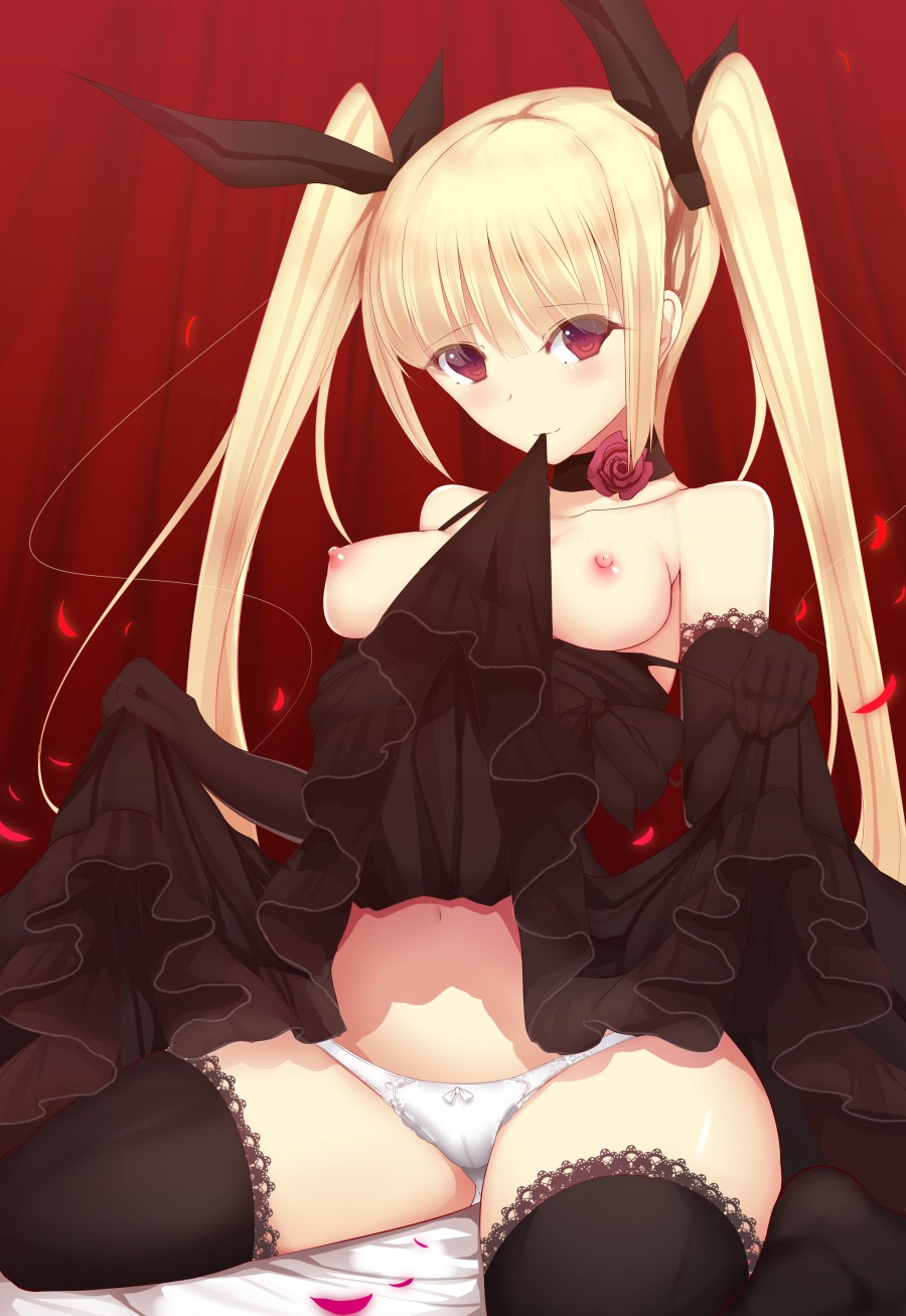 blazblue breasts cameltoe daiaru dress nipples no_bra open_shirt pantsu rachel_alucard skirt_lift thighhighs