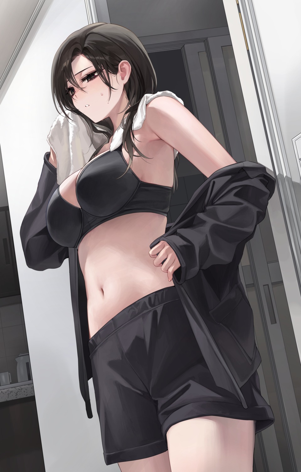 bra open_shirt sabotensuteeki towel