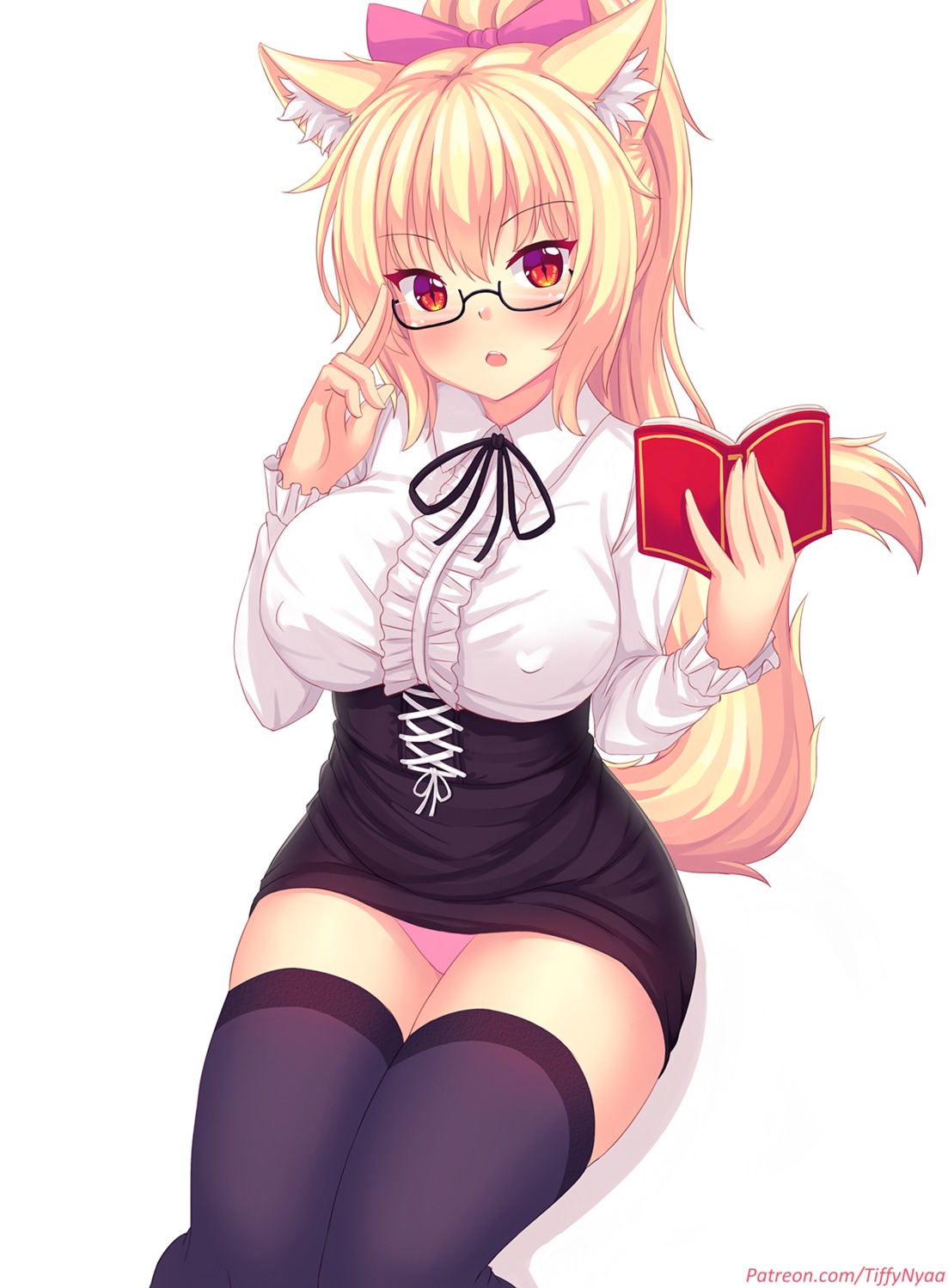 animal_ears erect_nipples fast-runner-2024 megane nekomimi pantsu skirt_lift tail thighhighs tiffy