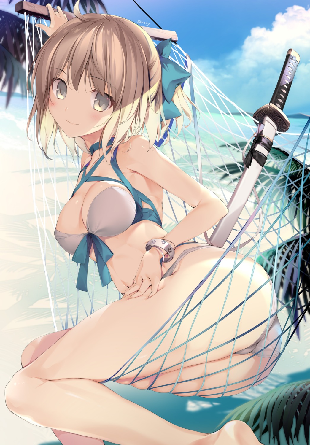 ass bikini cleavage fate/grand_order karory okita_souji_(fate) swimsuits sword