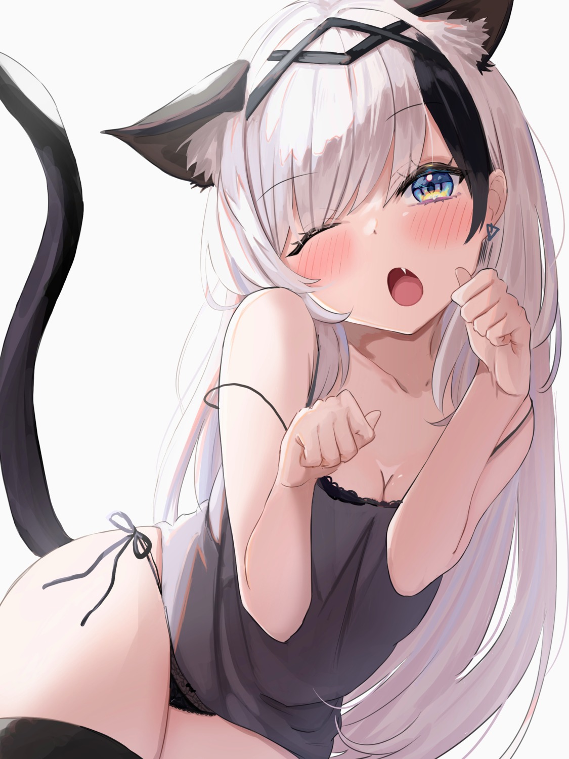 amefukura_art animal_ears cleavage lingerie nekomimi no_bra pantsu string_panties tail thighhighs