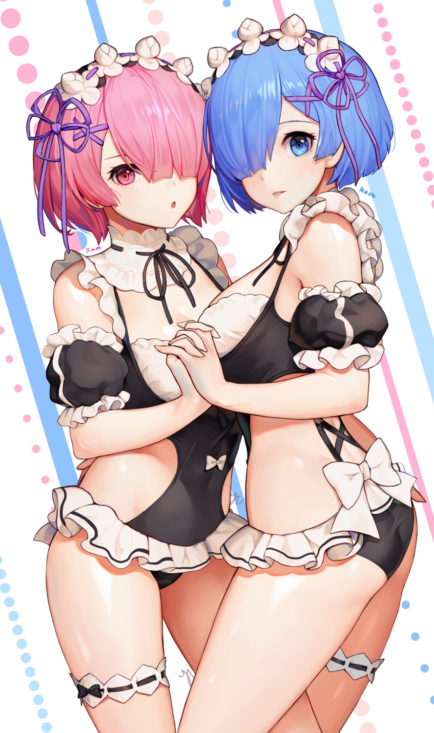 ass cleavage garter maid ram_(re_zero) re_zero_kara_hajimeru_isekai_seikatsu rem_(re_zero) swimsuits y.i._(lave2217)