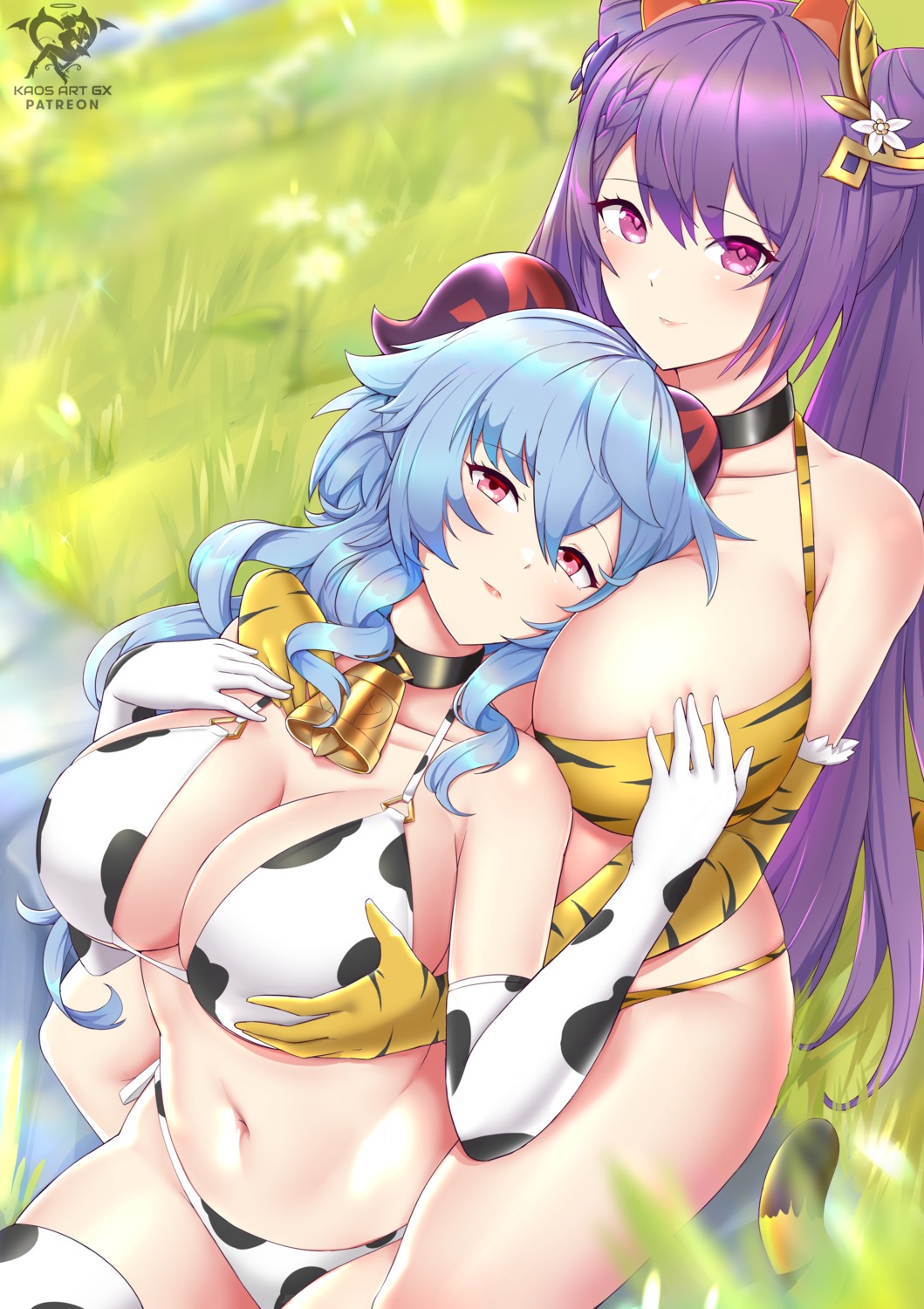 bikini breast_hold ganyu genshin_impact horns kaos_art keqing swimsuits tail thighhighs yuri