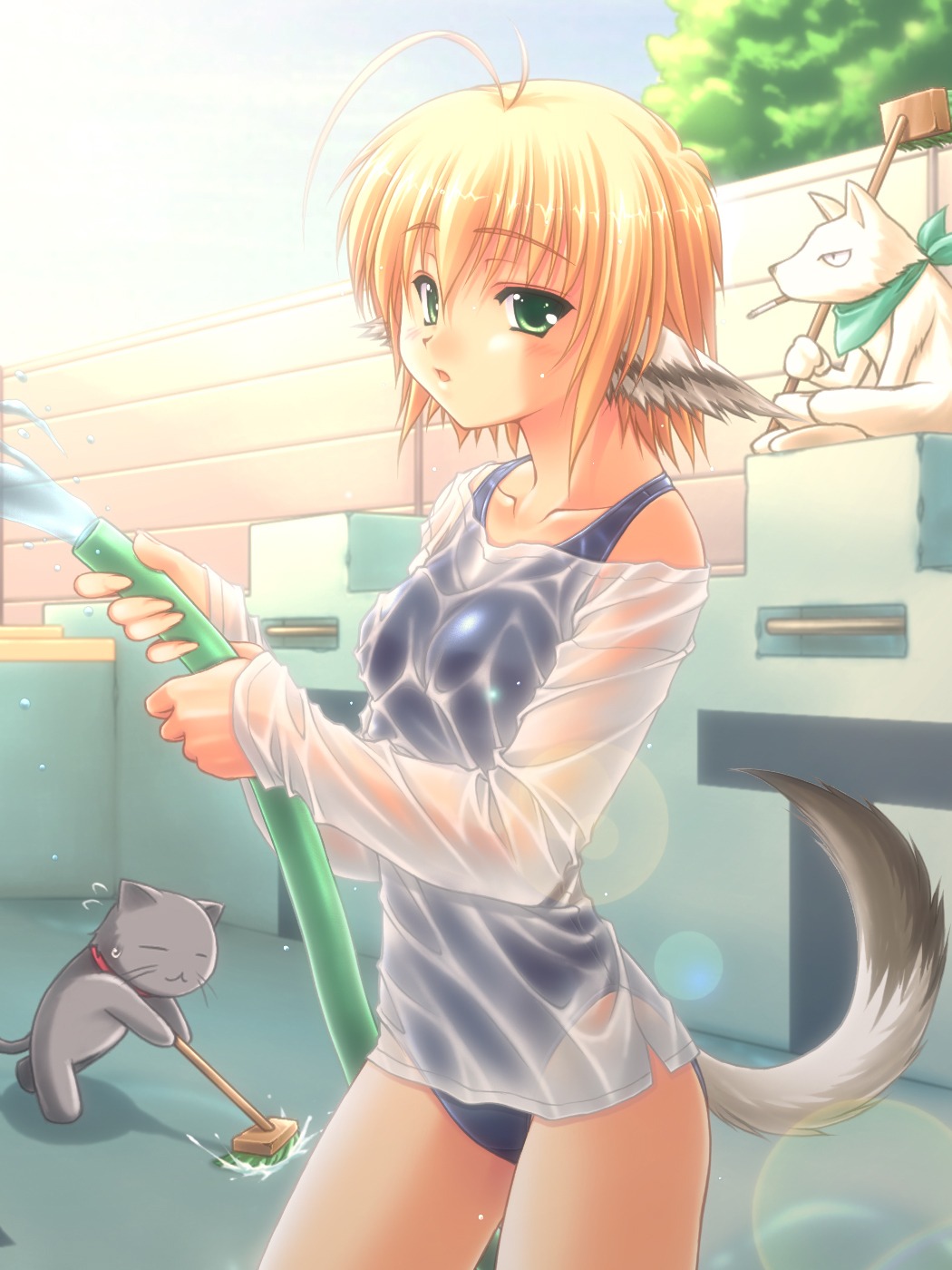 animal_ears kuroneko_sakon neko see_through swimsuits tail wet_clothes