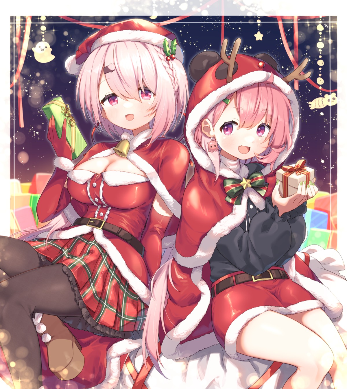 christmas cleavage ksk_(kasokuiki) nijisanji nijisanji_gamers pantyhose sasaki_saku shiina_yuika