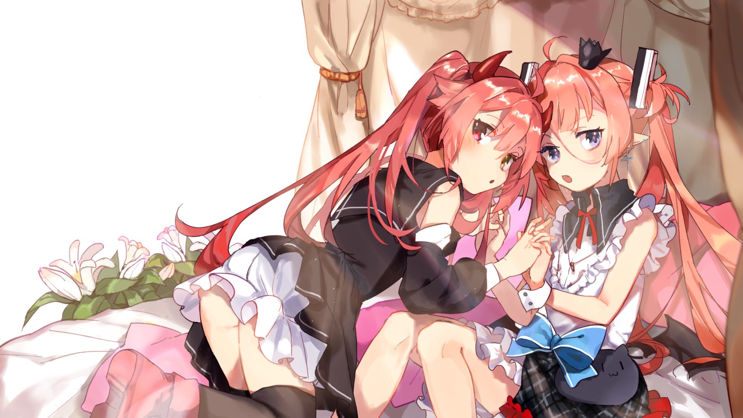 ass horns karasu_btk pointy_ears seifuku skirt_lift thighhighs wallpaper wings yuri