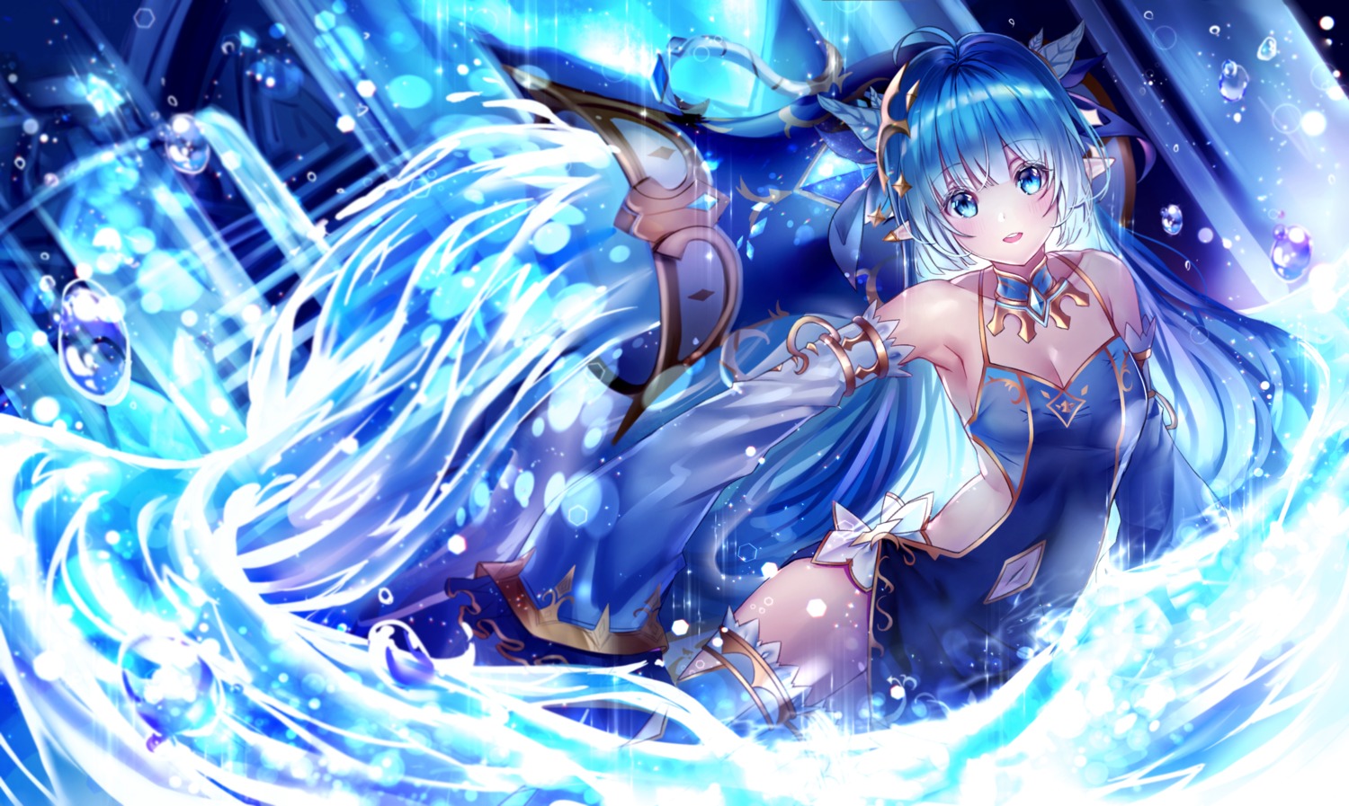 cleavage king's_raid lilia_(king's_raid) lium pointy_ears thighhighs wet