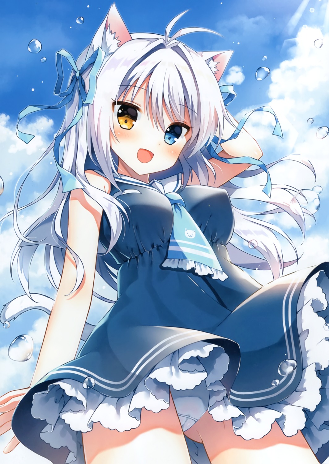 aina_rive animal_ears cameltoe dress heterochromia mauve nekomimi pantsu skirt_lift tail wata★punch