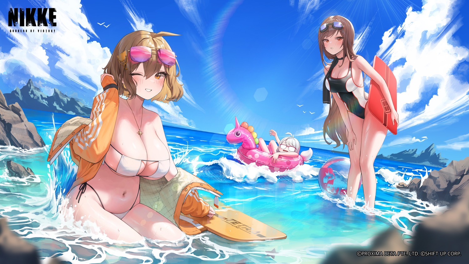 anis bikini dong_ji goddess_of_victory:_nikke megane neon_(nikke) open_shirt rapi_(nikke) swimsuits wet