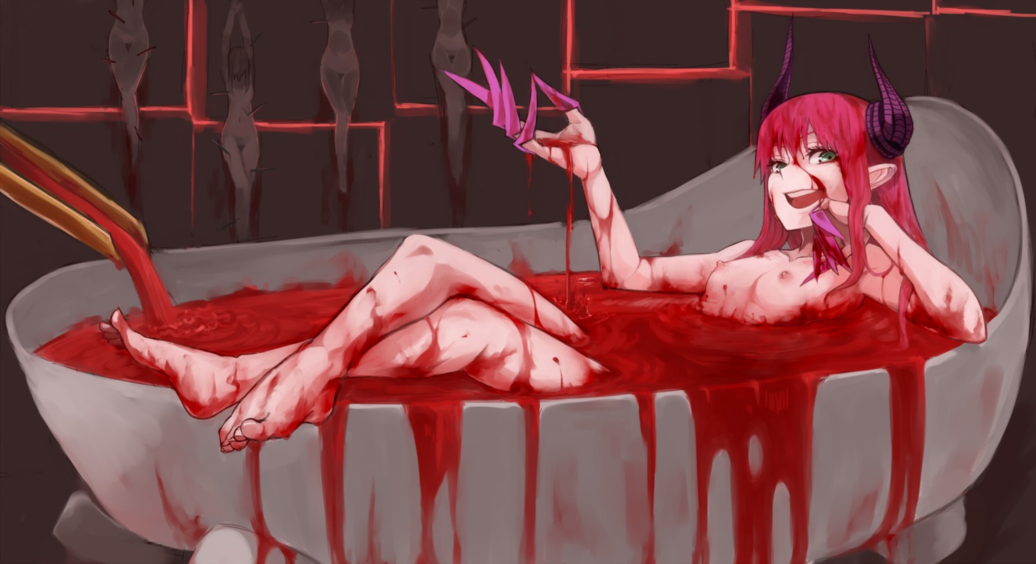 bathing blood elizabeth_bathory fate/extra fate/extra_ccc fate/stay_night guro horns kiryuutyki naked nipples