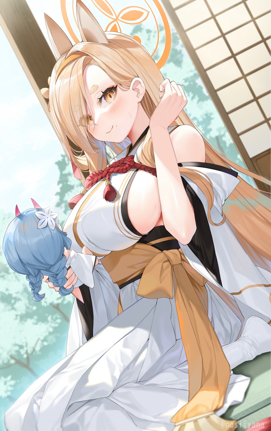 animal_ears blue_archive halo japanese_clothes kitsune kuwakami_kaho no_bra yana_mori