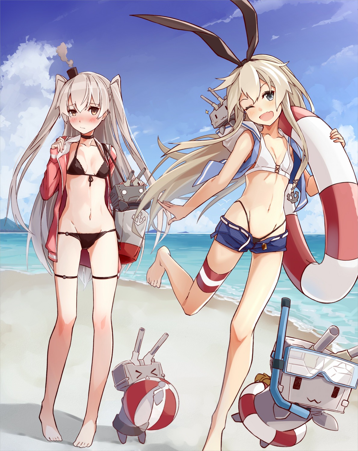 amatsukaze_(kancolle) bikini cleavage garter kantai_collection open_shirt rensouhou-chan rensouhou-kun shimakaze_(kancolle) swimsuits takanashi_kei_(hitsujikan)