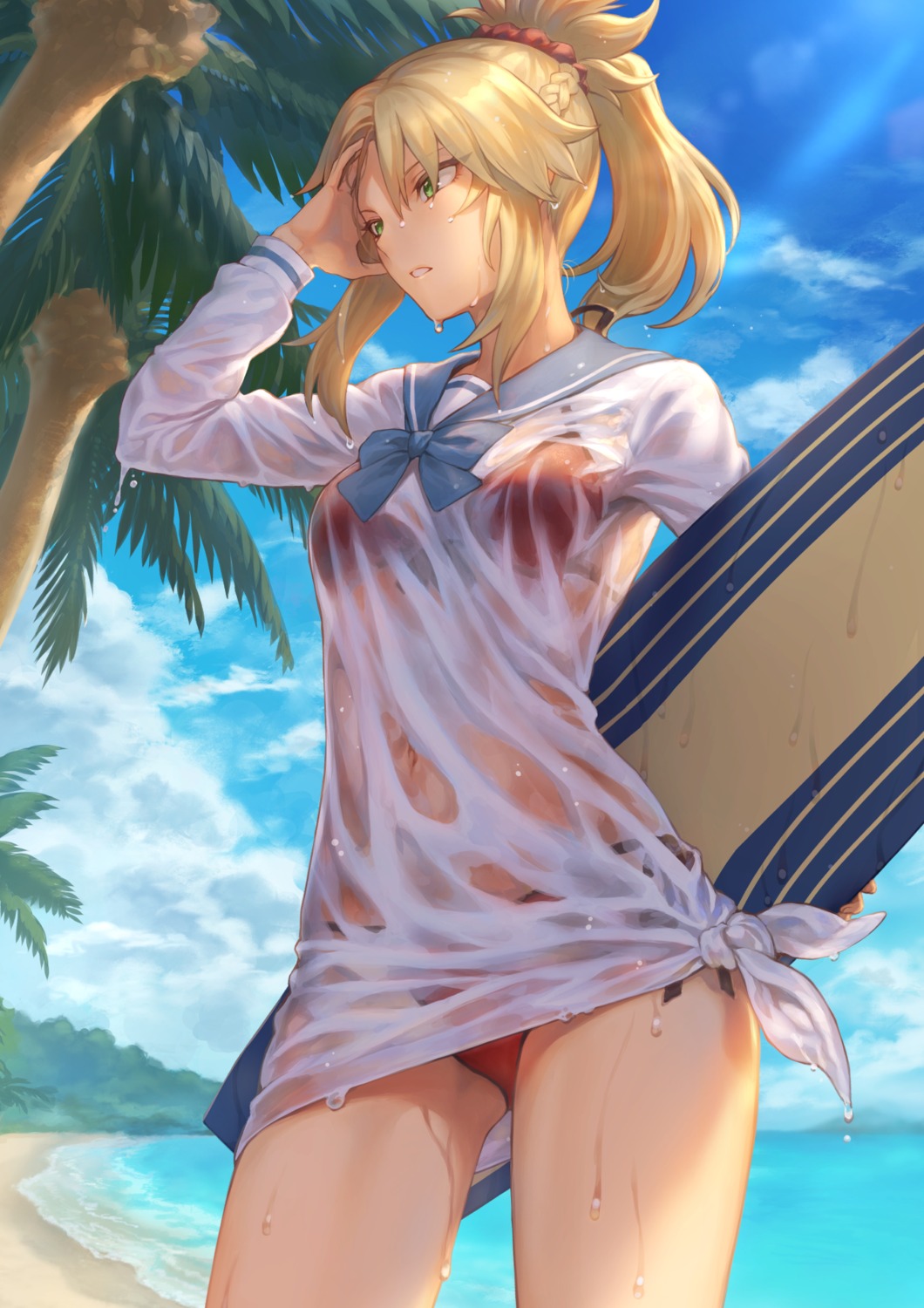 bikini fate/grand_order mashu_(003) mordred_(fate) see_through seifuku swimsuits wet wet_clothes