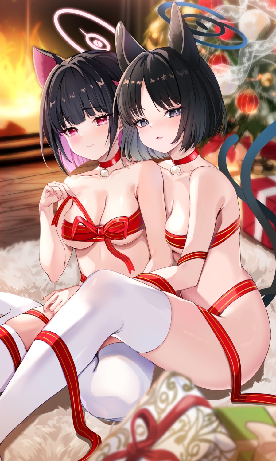 animal_ears blue_archive christmas halo katsushika_pachi kiryuu_kikyou kyouyama_kazusa naked_ribbon nekomimi tail thighhighs