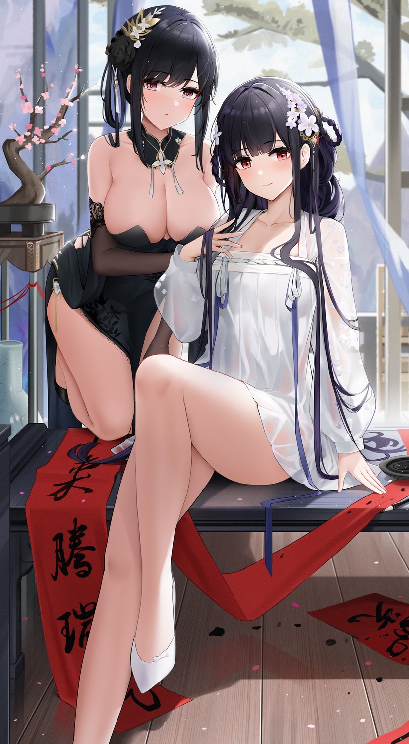 asian_clothes azur_lane chen_hai_(azur_lane) chinadress heels no_bra qing_wu see_through thighhighs yat_sen_(azur_lane)