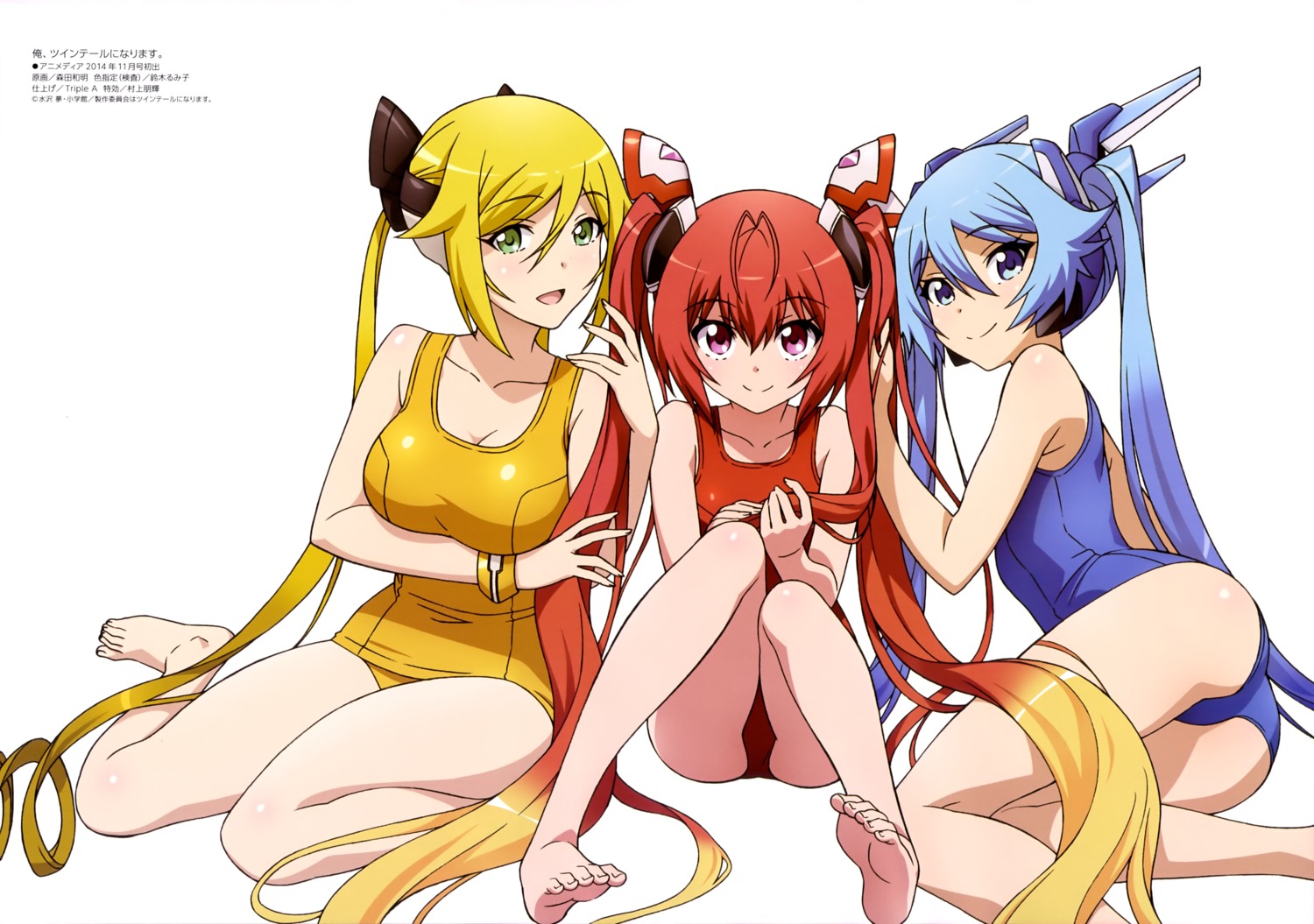 ass breast_hold cleavage feet genderswap mitsuka_souji morita_kazuaki ore_twintail_ni_narimasu school_swimsuit shindou_erina swimsuits tailblue tailred tailyellow tsube_aika