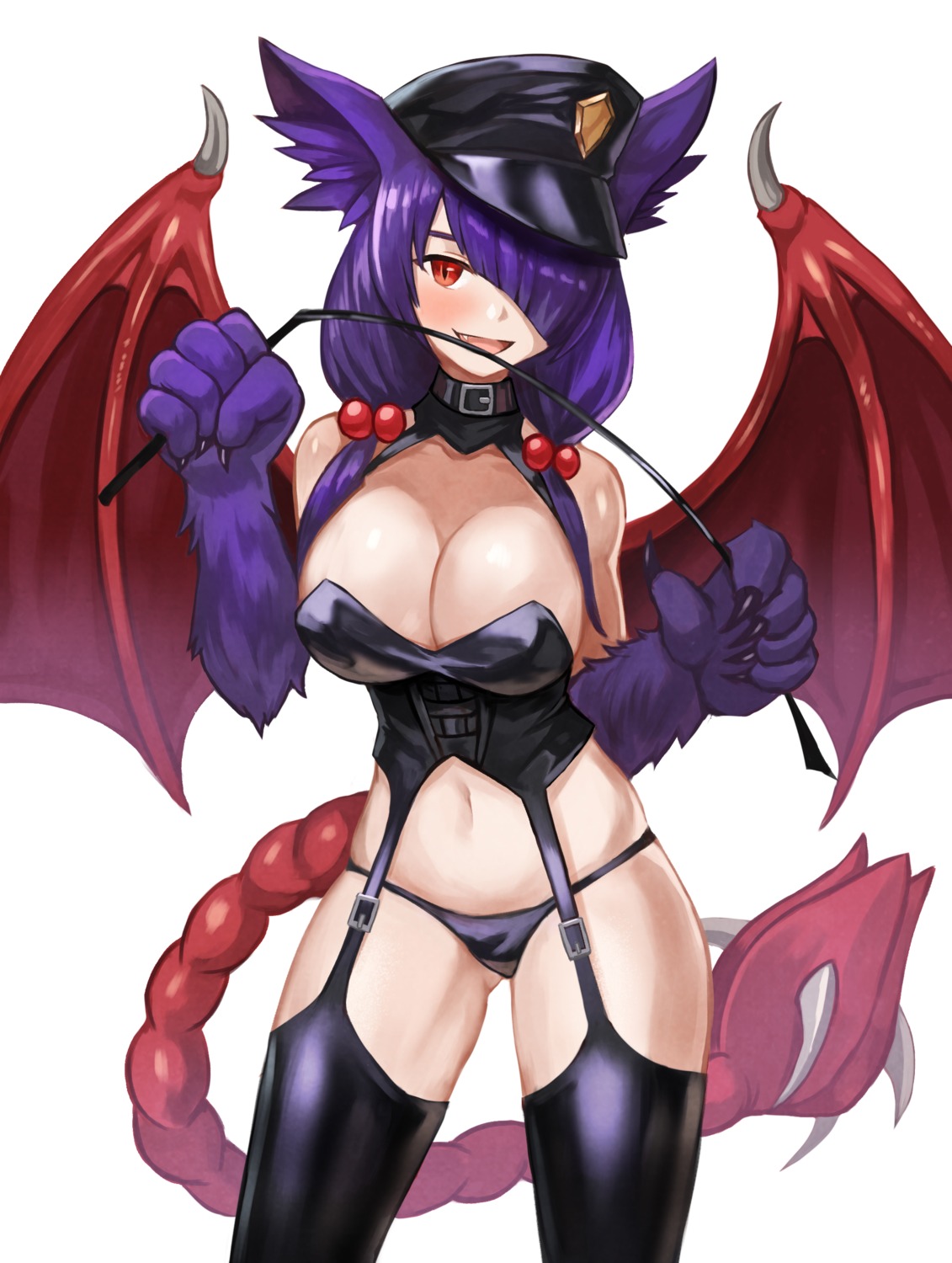 animal_ears manticore_(monster_girl_encyclopedia) monster_girl monster_girl_encyclopedia pantsu sookmo stockings tail thighhighs weapon wings